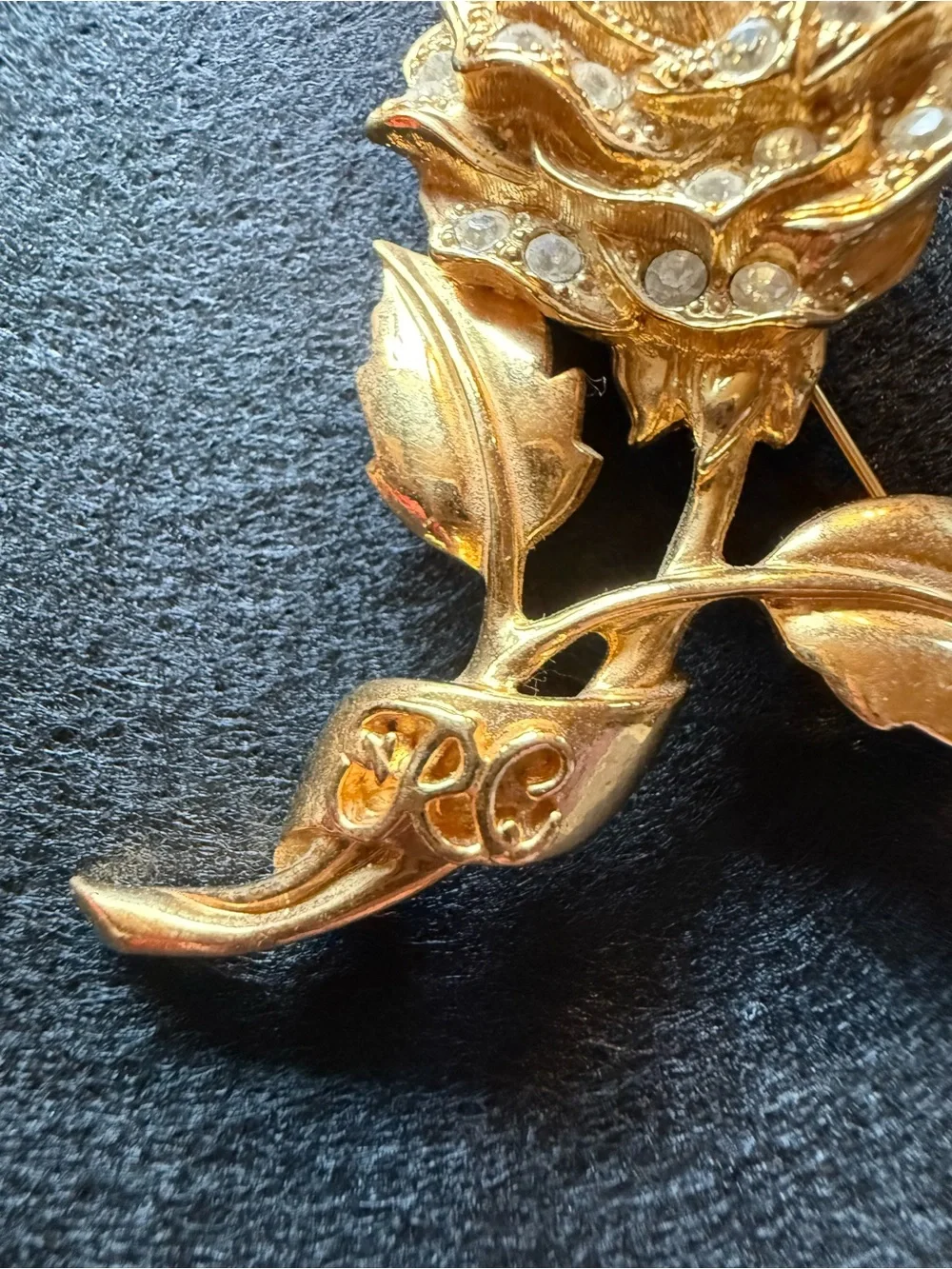 Vintage RC Signed Gold Tone Rhinestone Rose Brooch Floral Statement Pin